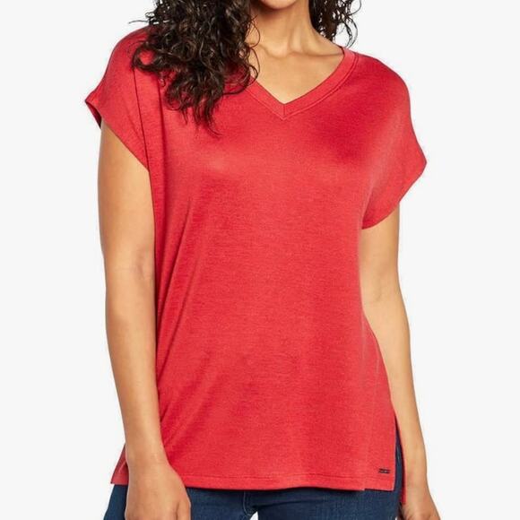 NWT Orvis Women’s Short Sleeve V-Neck Knit Top Tunic Burnt Clay Red Size Large - Picture 1 of 12